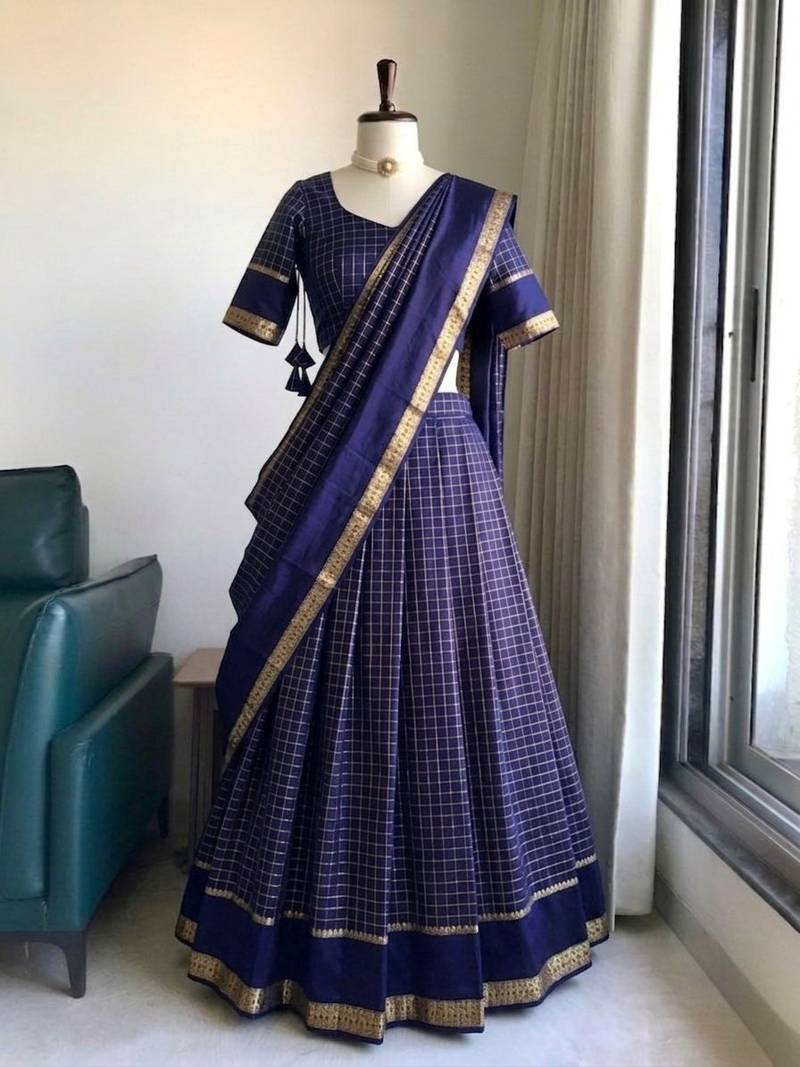 New South Indian  Silk Checked Half Saree Lehenga Choli with Zari Border