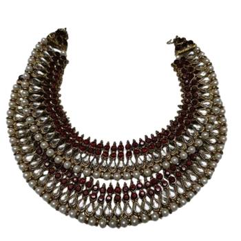 Gold Plated Handcrafted Maroon colour Anklets with Pearl & Kundan 3
