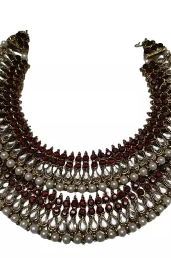 Gold Plated Handcrafted Maroon colour Anklets with Pearl & Kundan