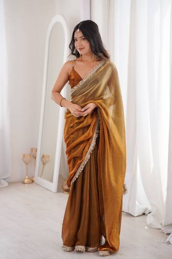 Gold fendy satin saree          double shaded sequin