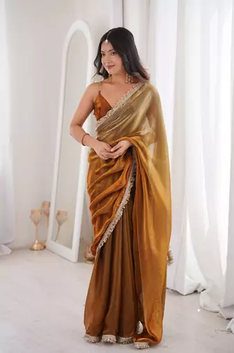 Gold fendy satin saree          double shaded sequin