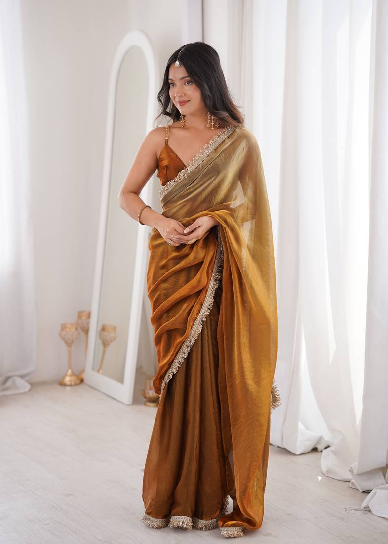 gold satin saree 