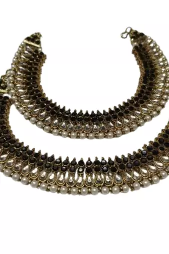 Gold Plated Handcrafted Black colour Anklets with Pearl & Kundan