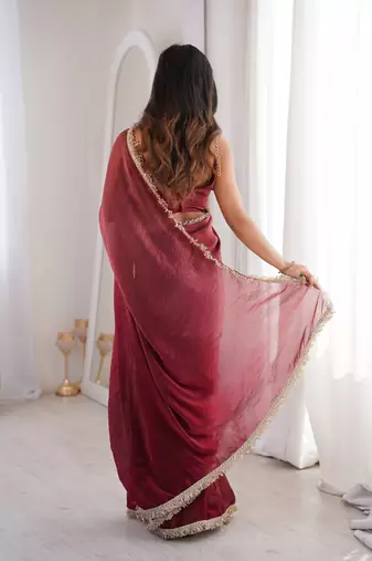 Maroon fendy satin saree          double shaded sequin