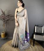 beige printed cotton saree with unstitched blouse piece