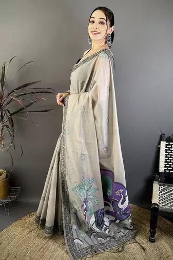 beige printed cotton saree with unstitched blouse piece