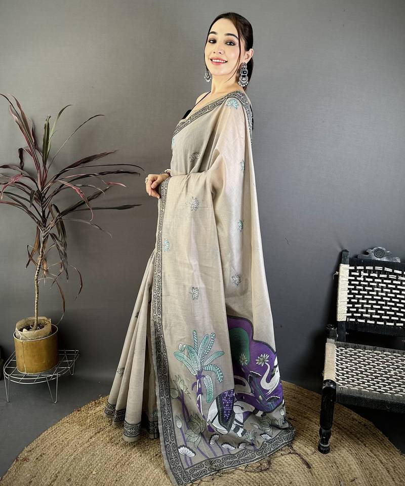 beige printed cotton saree with unstitched blouse piece