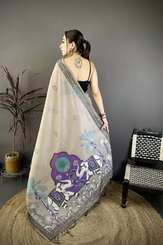 beige printed cotton saree with unstitched blouse piece