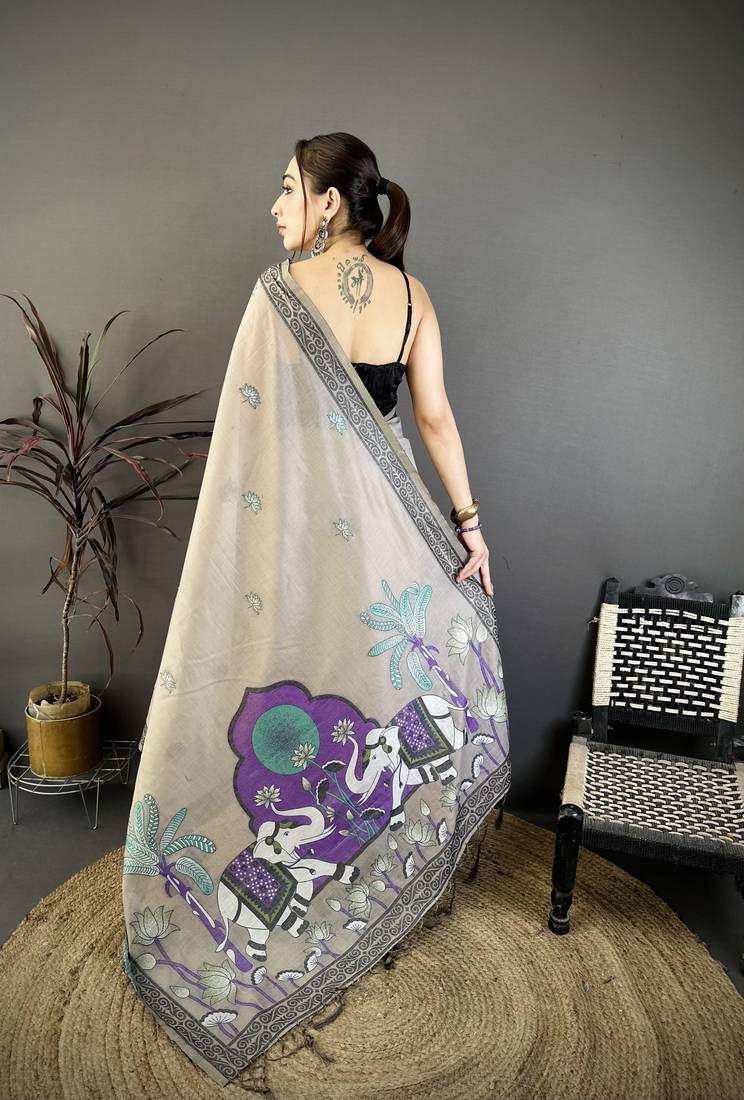 beige printed cotton saree with unstitched blouse piece