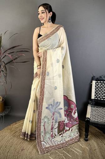 cream printed cotton saree with unstitched blouse piece