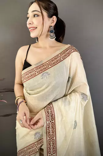 cream printed cotton saree with unstitched blouse piece