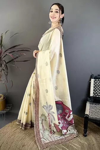 cream printed cotton saree with unstitched blouse piece