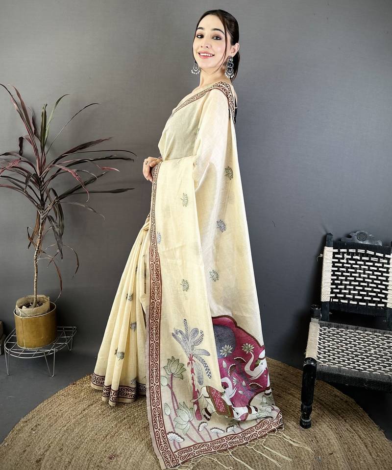cream printed cotton saree with unstitched blouse piece