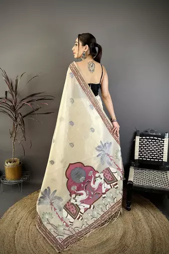 cream printed cotton saree with unstitched blouse piece