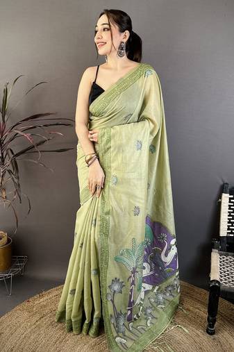 green printed cotton saree with unstitched blouse piece