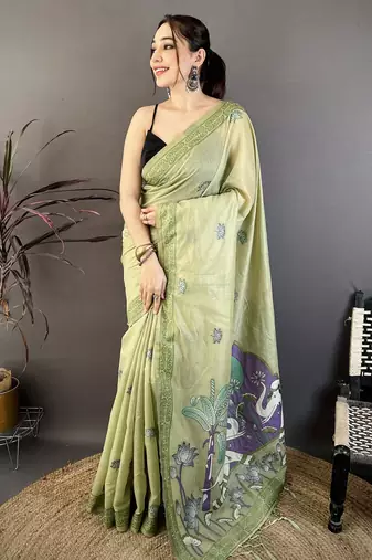 green printed cotton saree with unstitched blouse piece