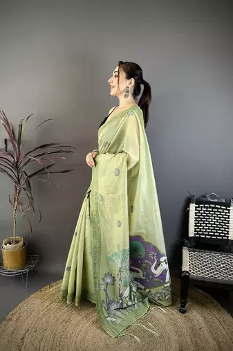 green printed cotton saree with unstitched blouse piece