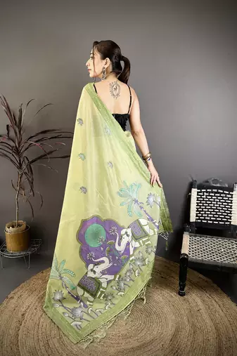 green printed cotton saree with unstitched blouse piece