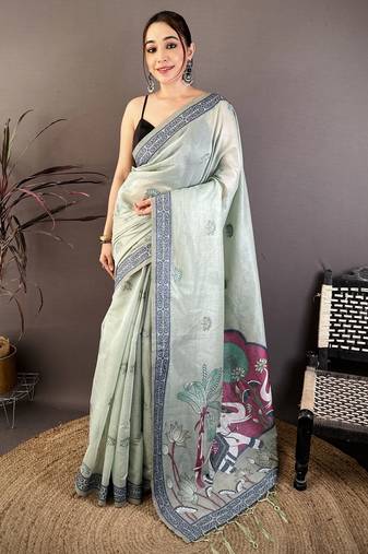 light green printed cotton saree with unstitched blouse piece