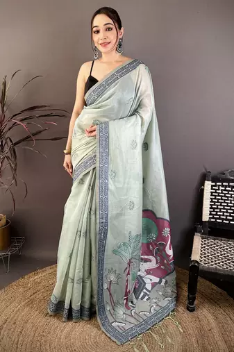 light green printed cotton saree with unstitched blouse piece