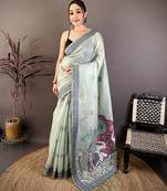 light green printed cotton saree with unstitched blouse piece