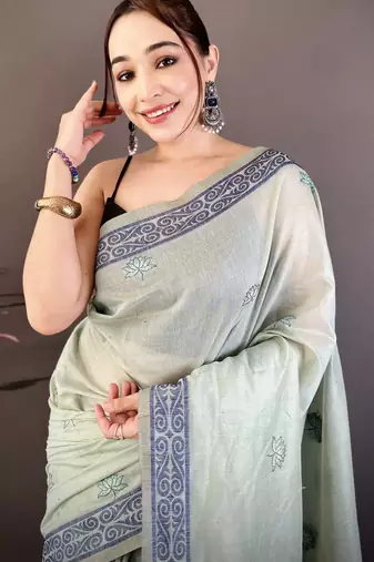 light green printed cotton saree with unstitched blouse piece