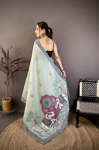 light green printed cotton saree with unstitched blouse piece