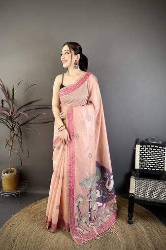 peach printed cotton saree with unstitched blouse piece