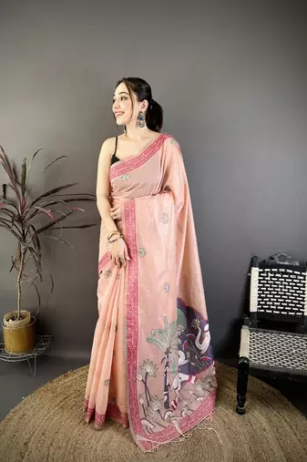 peach printed cotton saree with unstitched blouse piece