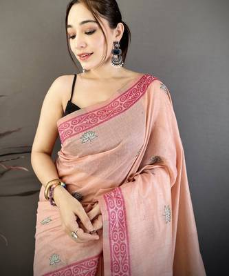 peach printed cotton saree with unstitched blouse piece 2