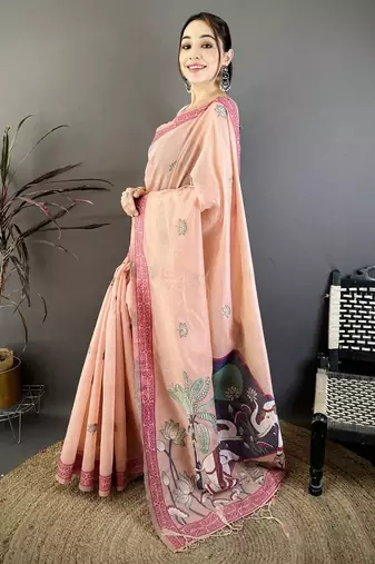 peach printed cotton saree with unstitched blouse piece