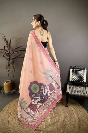 peach printed cotton saree with unstitched blouse piece