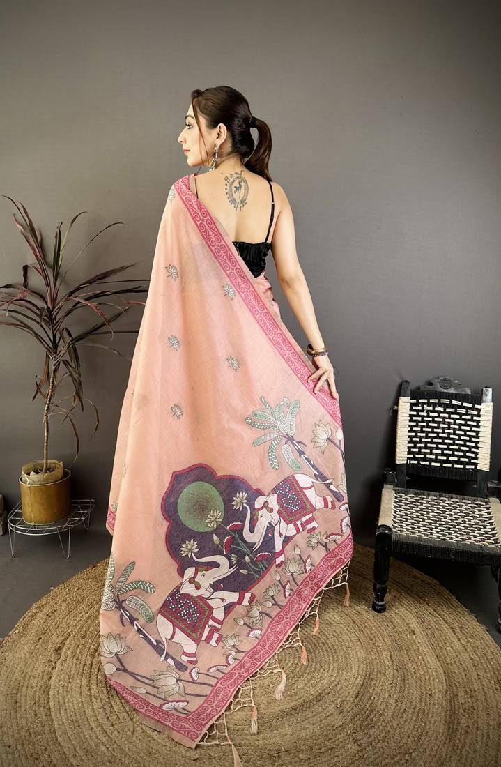 peach printed cotton saree with unstitched blouse piece