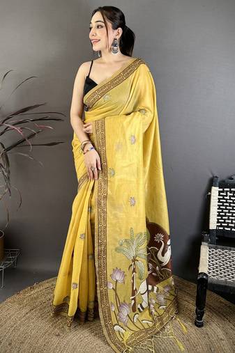yellow printed cotton saree with unstitched blouse piece