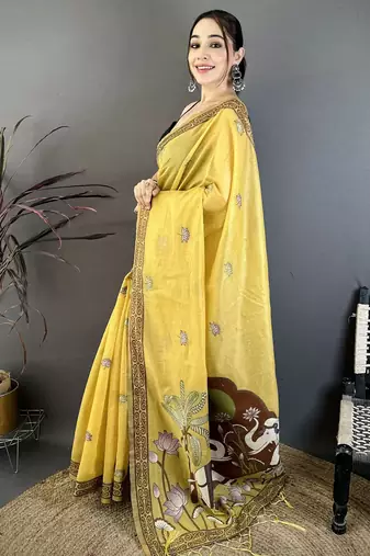 yellow printed cotton saree with unstitched blouse piece