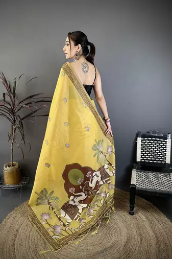 yellow printed cotton saree with unstitched blouse piece