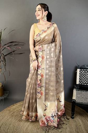 brown printed premium cotton saree with unstitched blouse piece