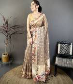 brown printed premium cotton saree with unstitched blouse piece