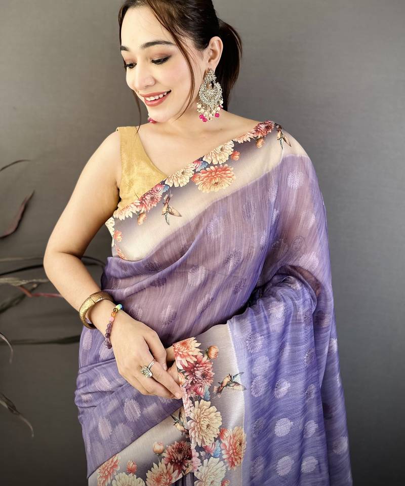 lavender printed premium cotton saree with unstitched blouse piece