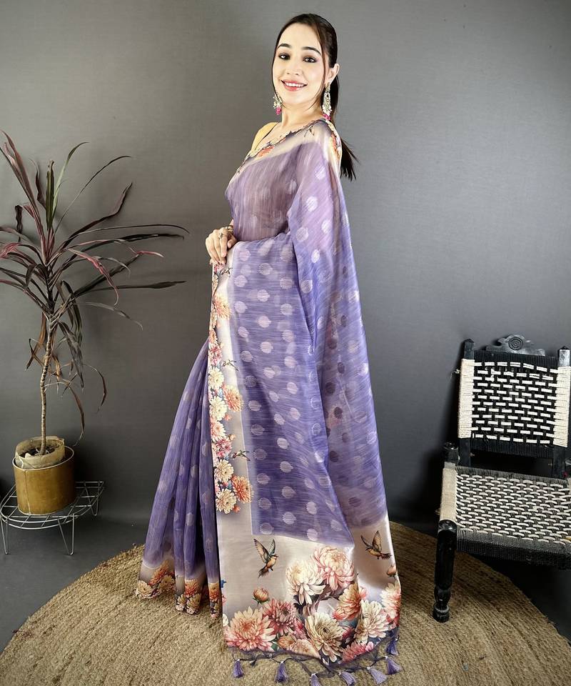 lavender printed premium cotton saree with unstitched blouse piece