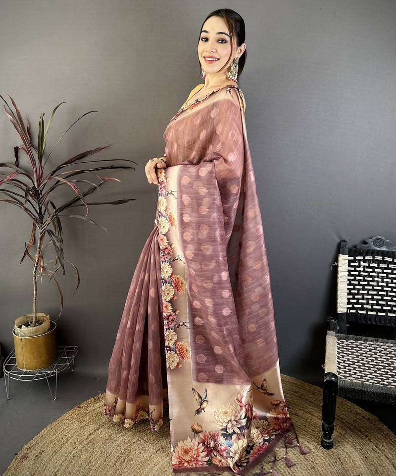 onion pink printed premium cotton saree with unstitched blouse piece