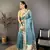 teal blue printed premium cotton saree with unstitched blouse piece