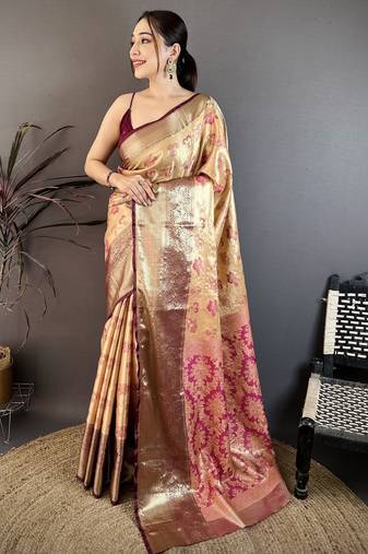 beige floral zari woven art silk saree with unstitched blouse piece