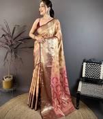 beige floral zari woven art silk saree with unstitched blouse piece