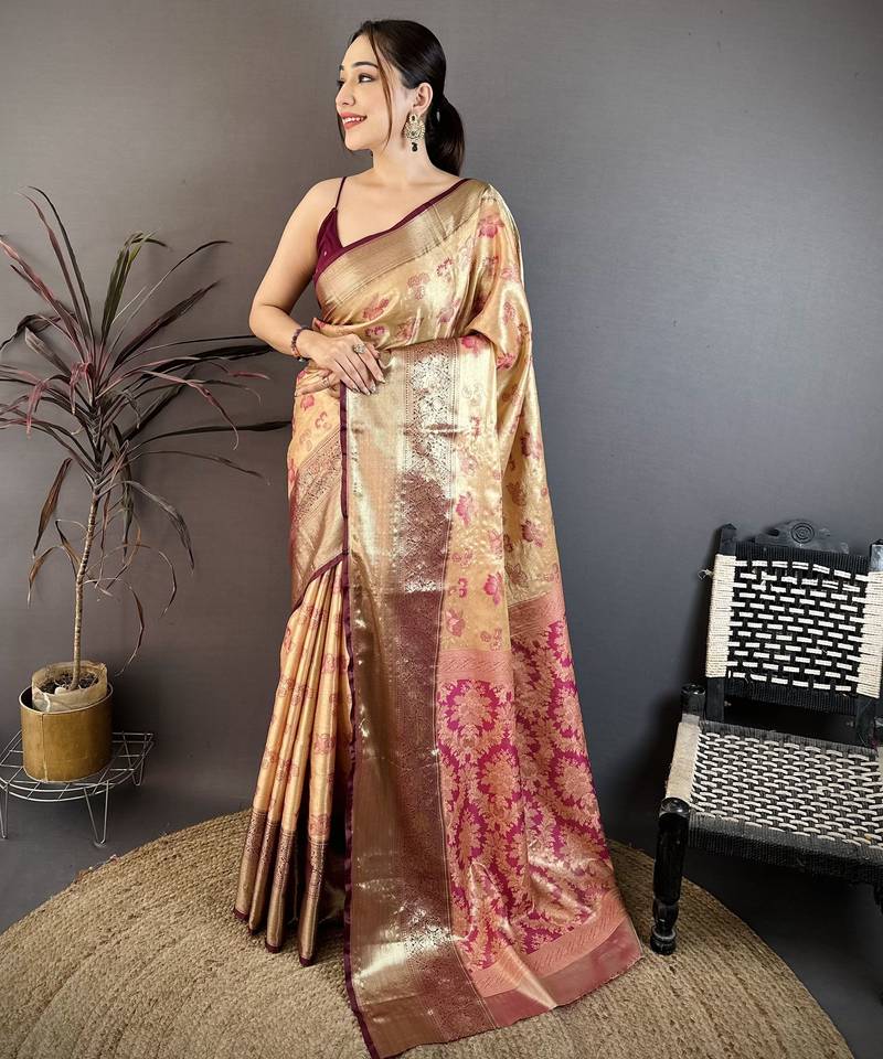beige floral zari woven art silk saree with unstitched blouse piece