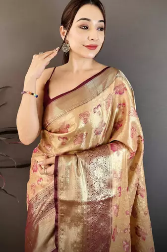 beige floral zari woven art silk saree with unstitched blouse piece