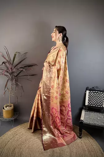 beige floral zari woven art silk saree with unstitched blouse piece
