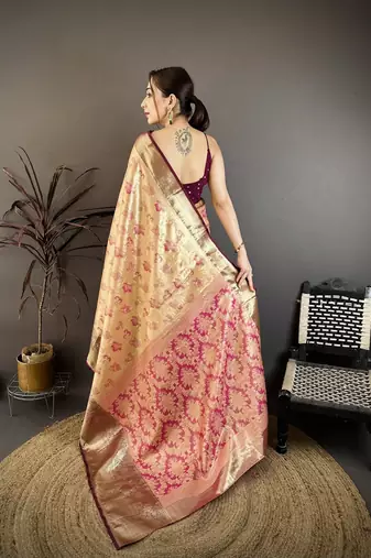 beige floral zari woven art silk saree with unstitched blouse piece