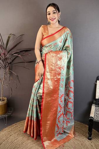 mint green floral zari woven art silk saree with unstitched blouse piece