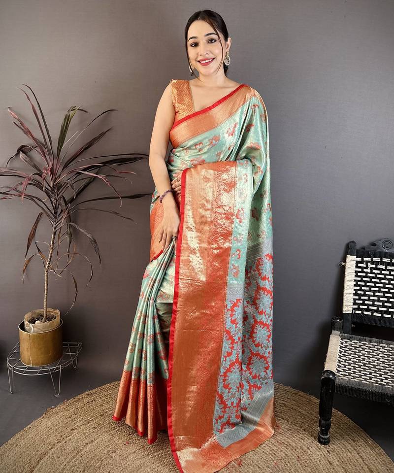 mint green floral zari woven art silk saree with unstitched blouse piece